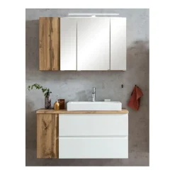 Badezimmerset Varese | Waschtisch und Spiegelschrank mit Beleuchtung | Wotan Eiche weißes Design