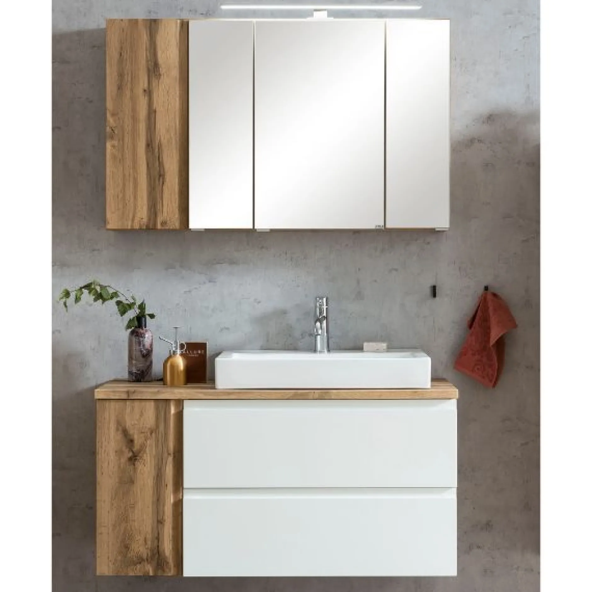 Badezimmerset Varese | Waschtisch und Spiegelschrank mit Beleuchtung | Wotan Eiche weißes Design