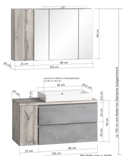 Badezimmerset Varese | Waschtisch und Spiegelschrank mit Beleuchtung | Wotan Eiche weißes Design