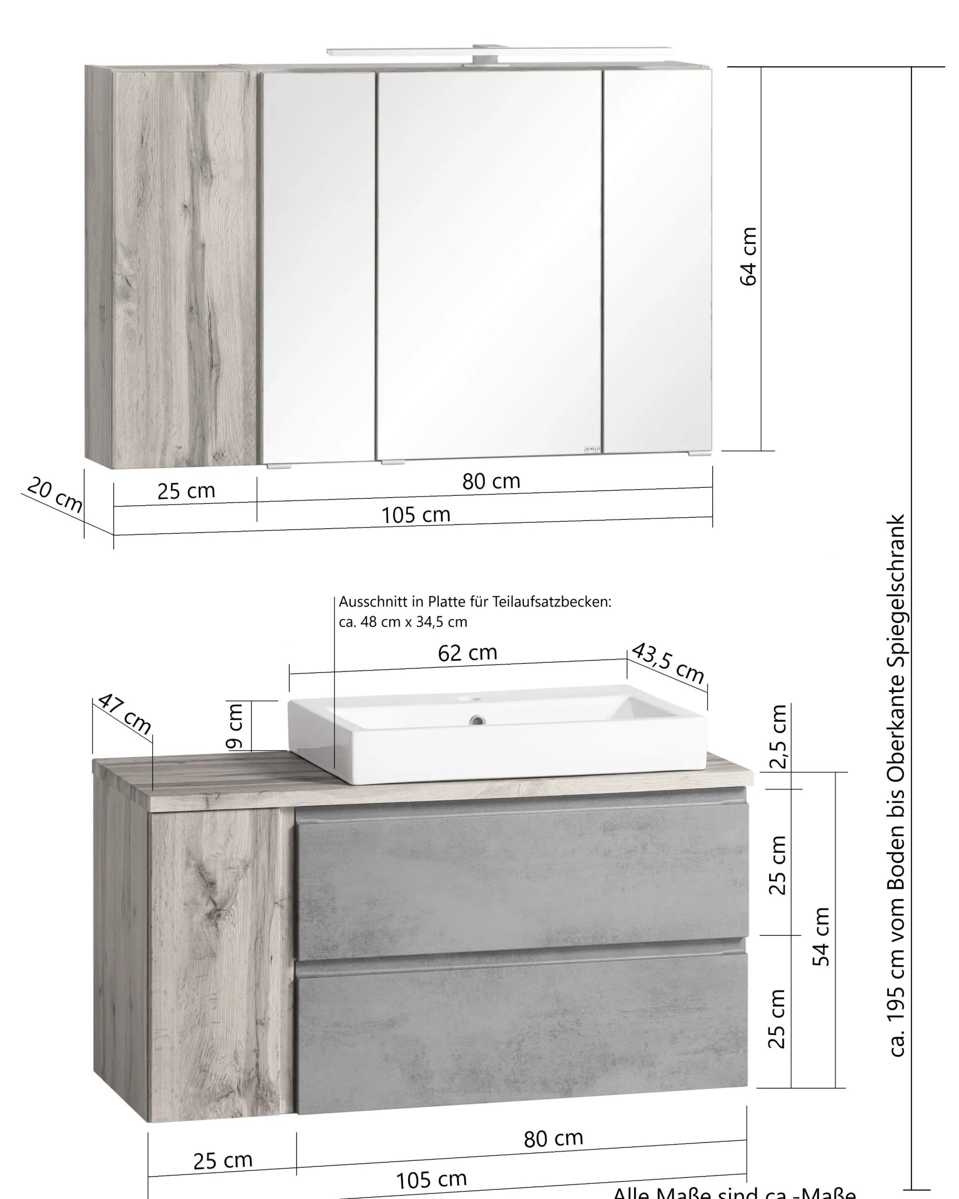 Badezimmerset Varese | Waschtisch und Spiegelschrank mit Beleuchtung | Wotan Eiche weißes Design