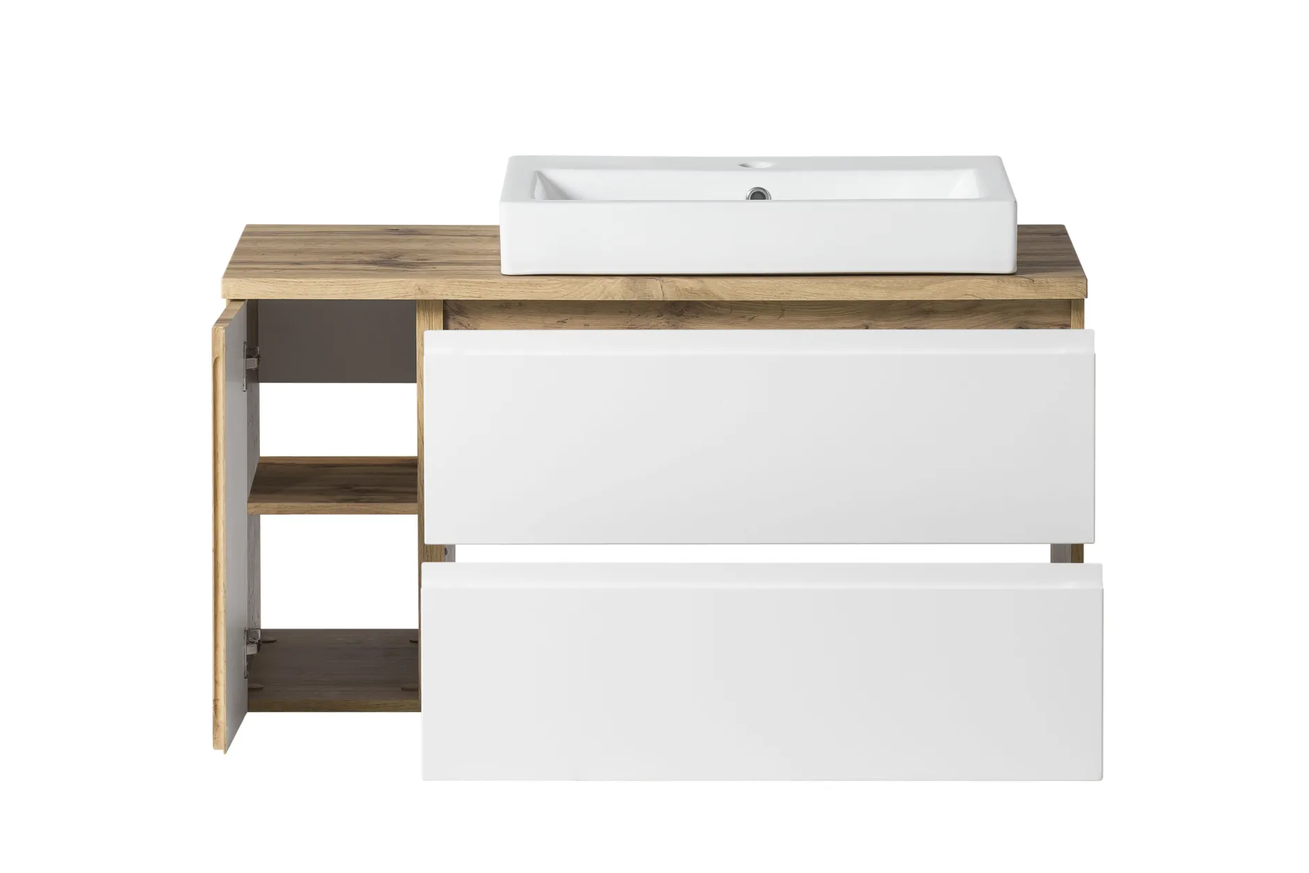 Badezimmerset Varese | Waschtisch und Spiegelschrank mit Beleuchtung | Wotan Eiche weißes Design