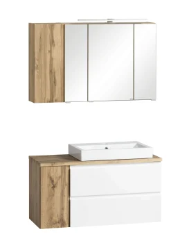 Badezimmerset Varese | Waschtisch und Spiegelschrank mit Beleuchtung | Wotan Eiche weißes Design