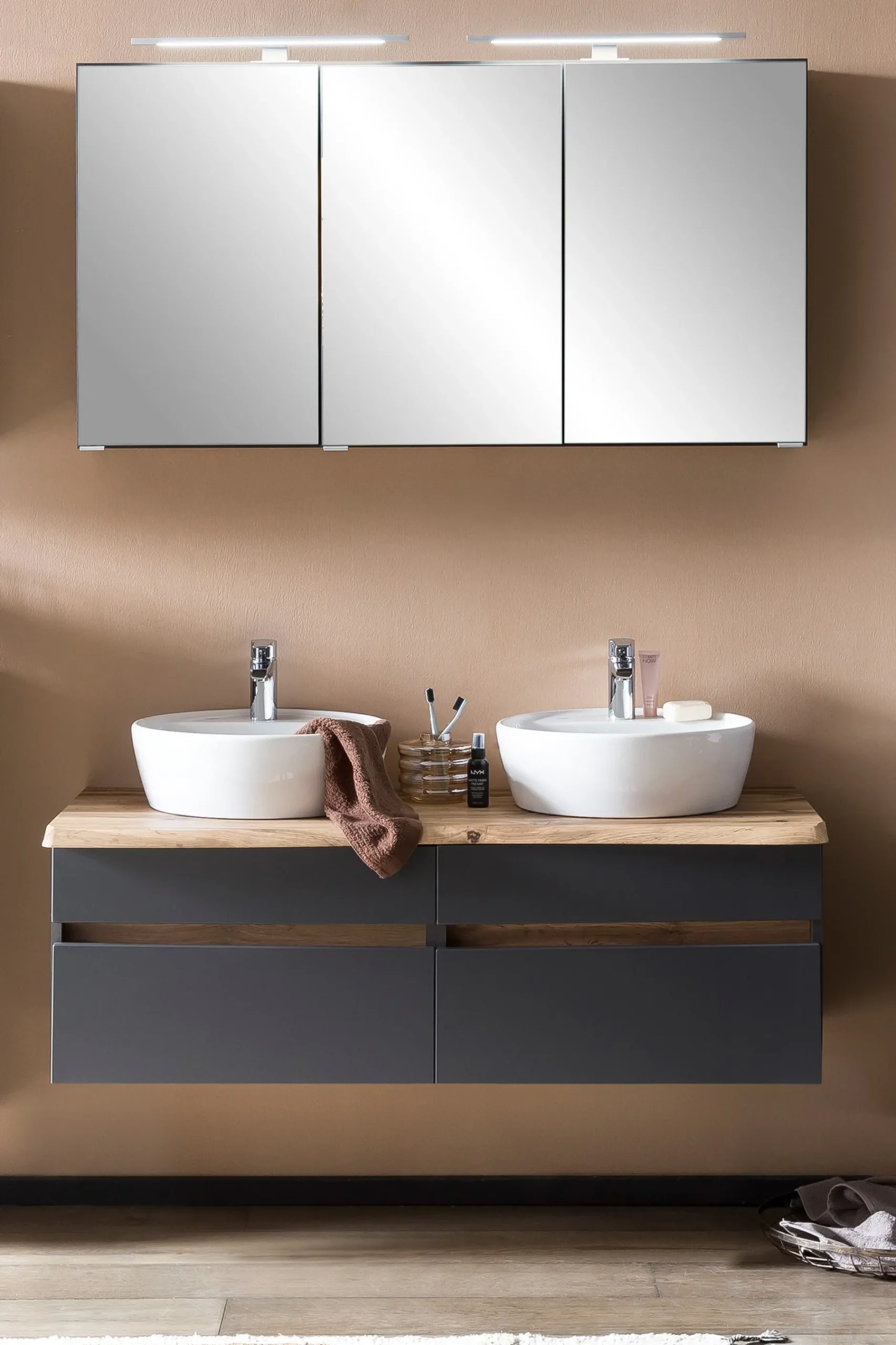 Badezimmerset Villach | Doppelwaschtisch und Spiegelschrank mit Beleuchtung | Design Graphitgrau