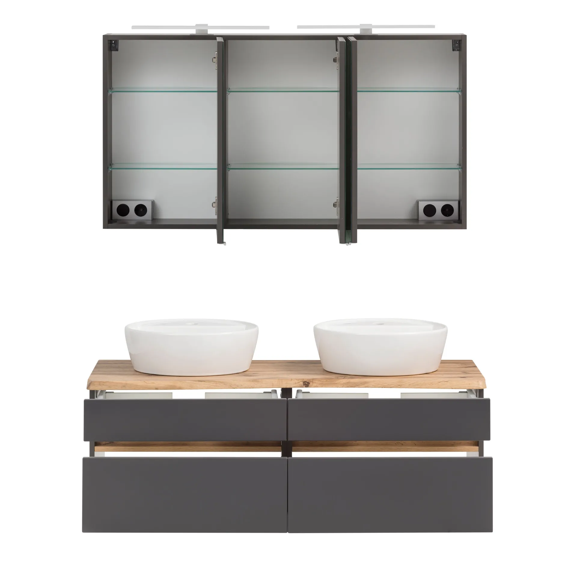 Badezimmerset Villach | Doppelwaschtisch und Spiegelschrank mit Beleuchtung | Design Graphitgrau