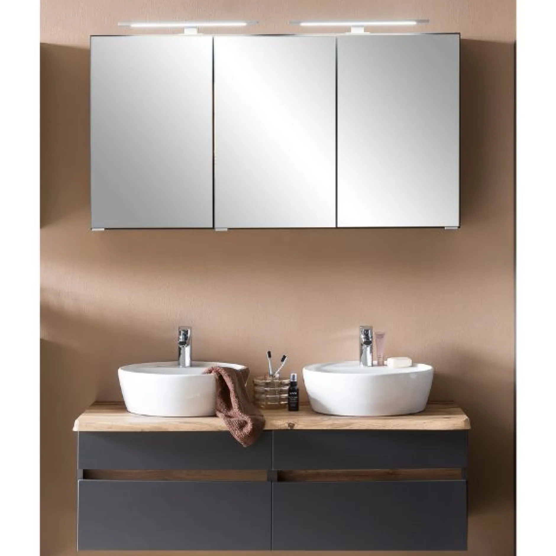 Badezimmerset Villach | Doppelwaschtisch und Spiegelschrank mit Beleuchtung | Design Graphitgrau
