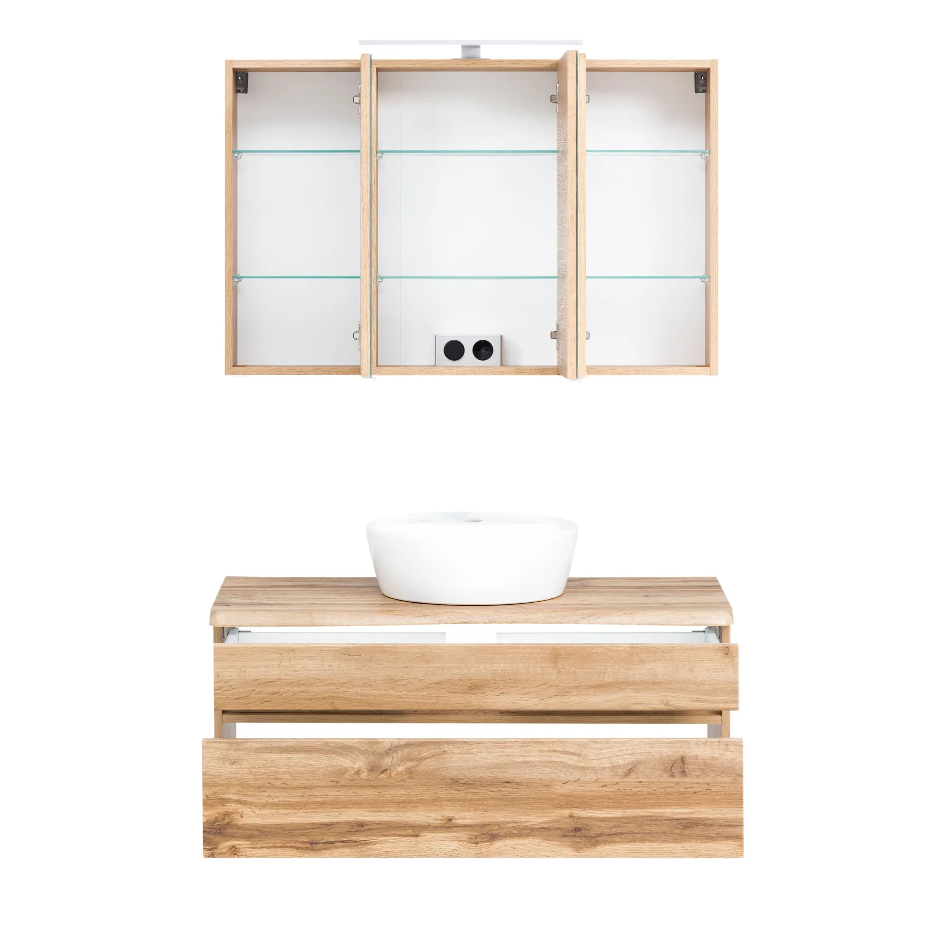 Badezimmerset Villach | Waschtisch- und Spiegelschrank mit Beleuchtung | Wotan Eiche Design