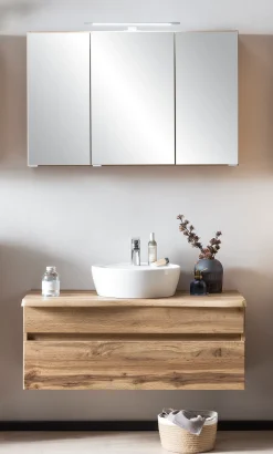 Badezimmerset Villach | Waschtisch- und Spiegelschrank mit Beleuchtung | Wotan Eiche Design