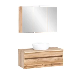 Badezimmerset Villach | Waschtisch- und Spiegelschrank mit Beleuchtung | Wotan Eiche Design