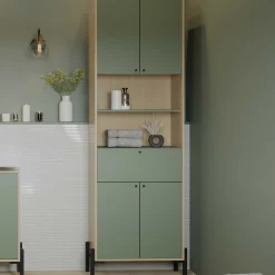 Badezimmersäulenschrank Calypso - 69x33x201cm - 4 Türen und 1 Schublade - Eiche Dekor/Grün