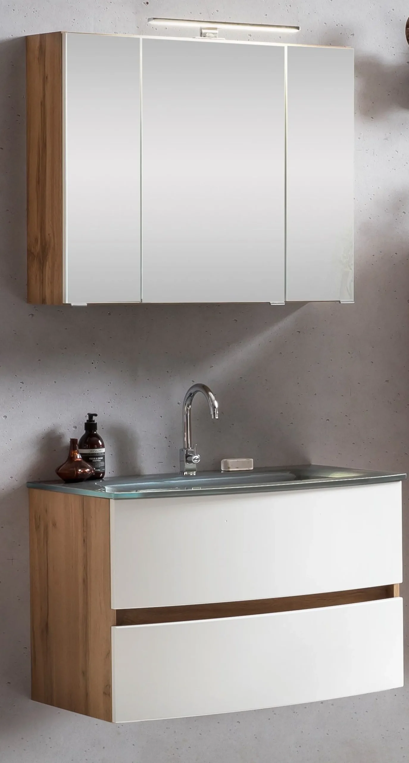 Badkombination Kornel 2 2-teilig mit grauem Waschbecken - Eiche/Mattweiß