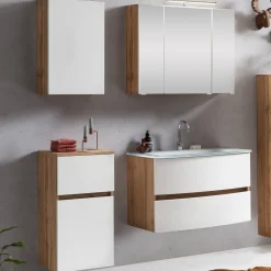 Badkombination Kornel 7 4-teilig mit weißem Waschbecken - Eiche/mattweiß