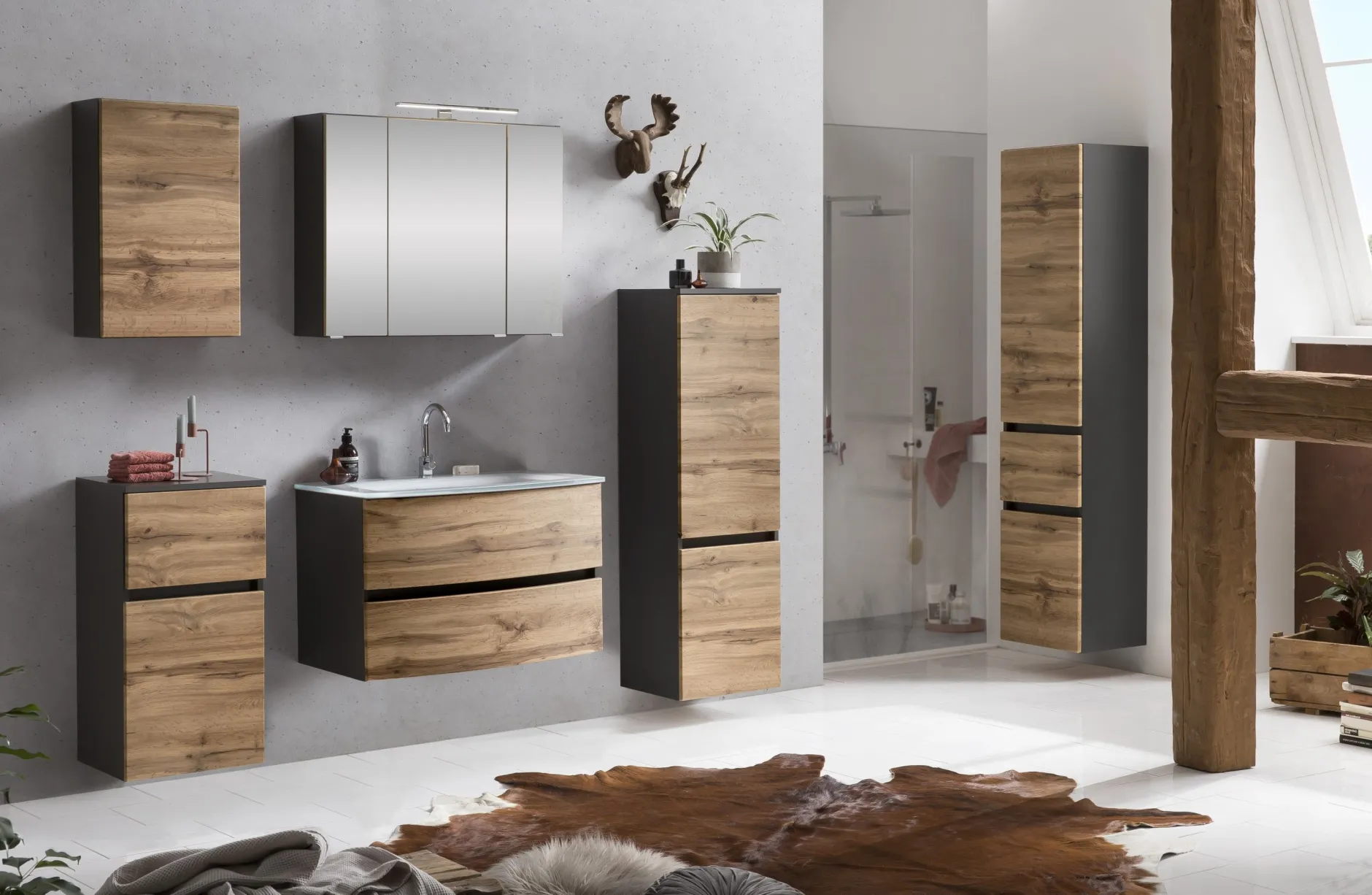 Badkombination Kornel 7 4-teilig mit weißem Waschbecken - Graphitgrau/Eiche