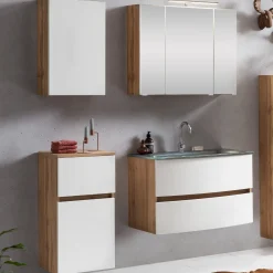 Badkombination Kornel 8 4-teilig mit grauem Waschbecken - Eiche/Mattweiß