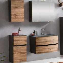 Badkombination Kornel 8 4-teilig mit grauem Waschbecken - Graphitgrau/Eiche