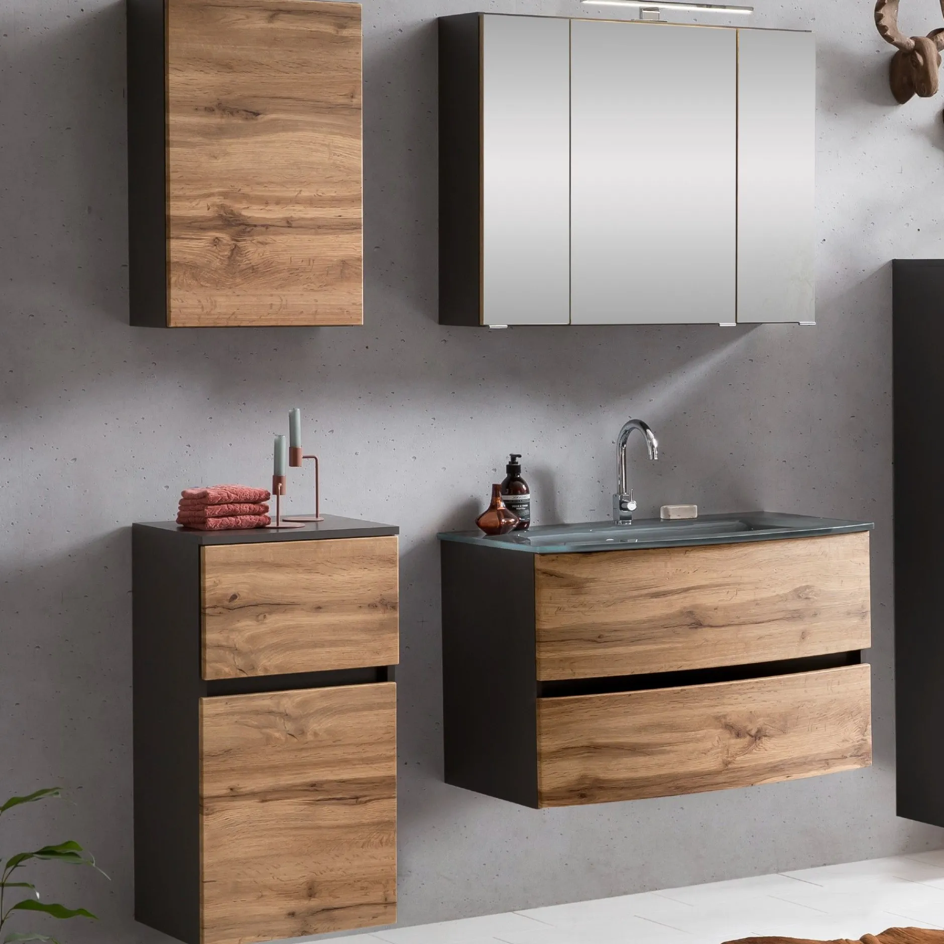 Badkombination Kornel 8 4-teilig mit grauem Waschbecken - Graphitgrau/Eiche