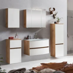 Badkombination Kornel 11 5-teilig mit weißem Waschbecken - Eiche/Mattweiß