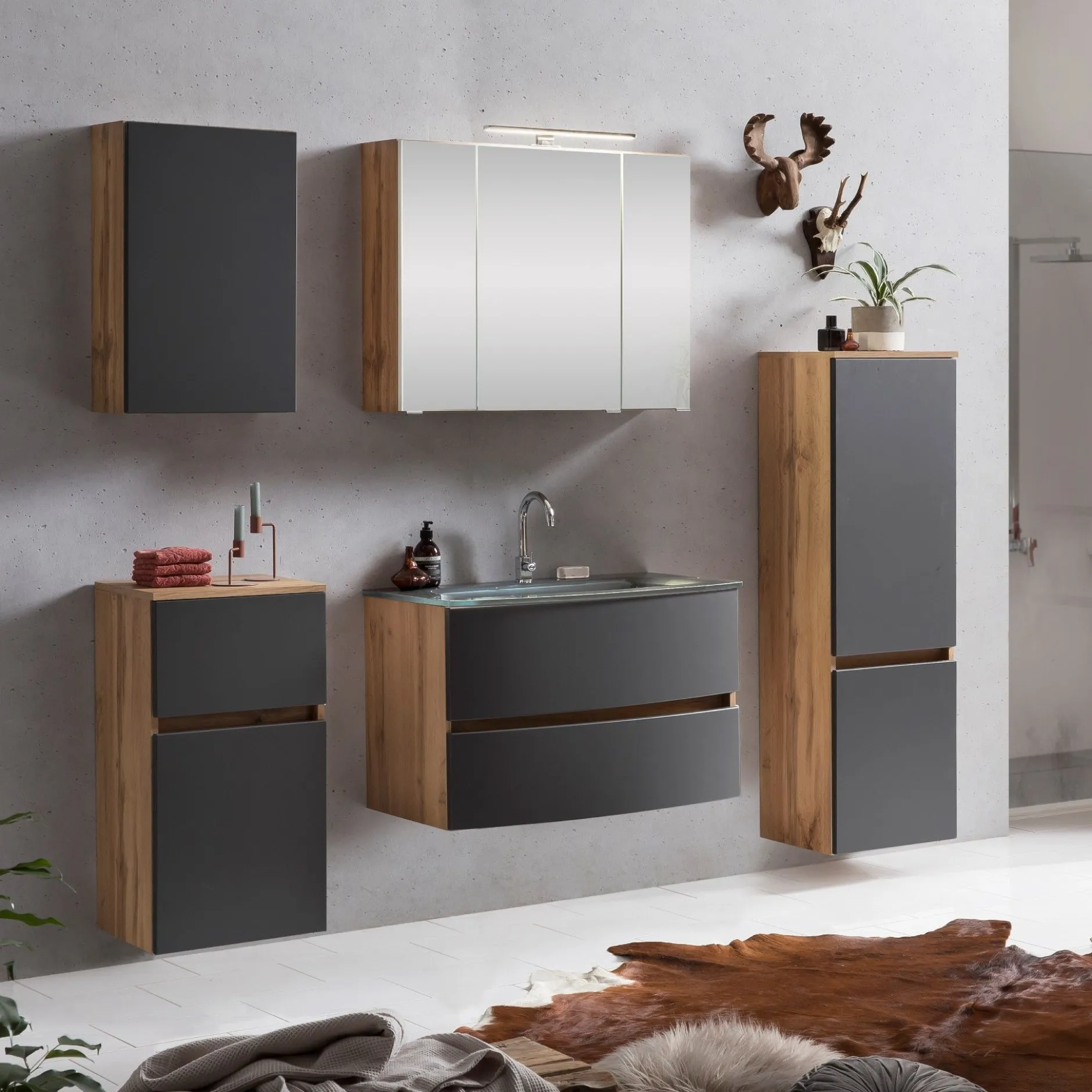 Badkombination Kornel 12 5-teilig mit grauem Waschbecken - Eiche/mattgrau
