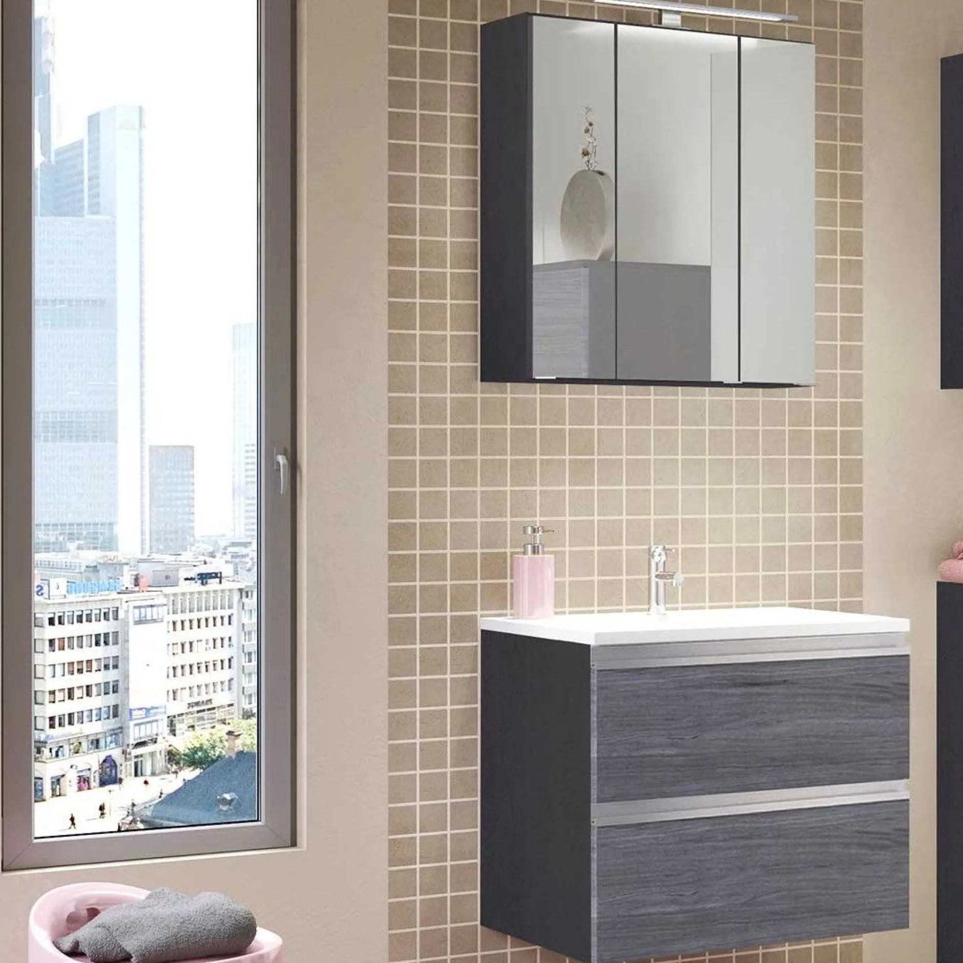Badkombination Lotuk 1 Waschtisch und Spiegelschrank 60cm - grau