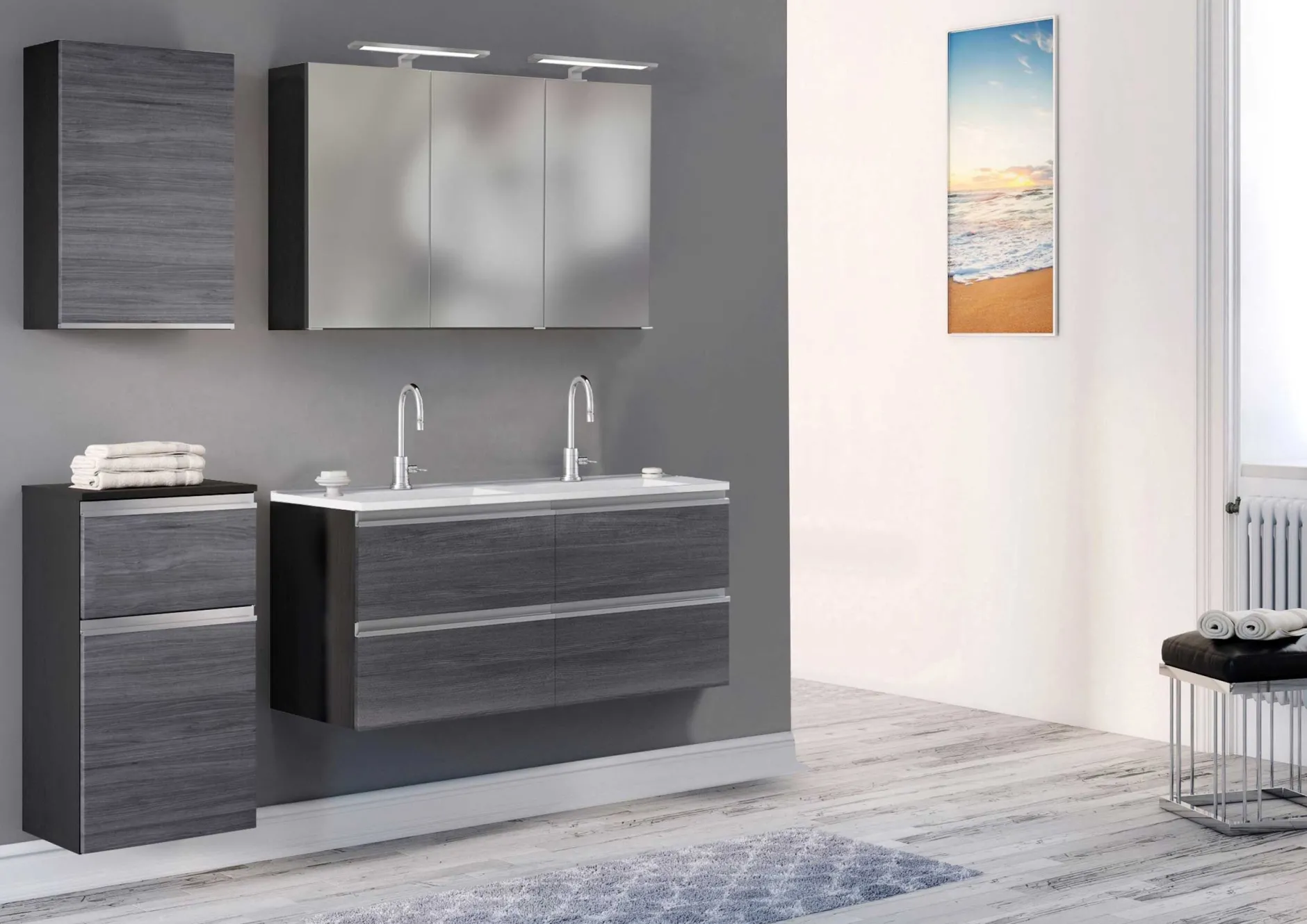Badkombination Lotuk 4 Waschtisch und Spiegelschrank 120cm - grau