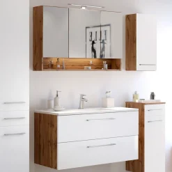 Badkombination Sefa 2 mit Waschbecken und Spiegelschrank - Eiche/Weiß