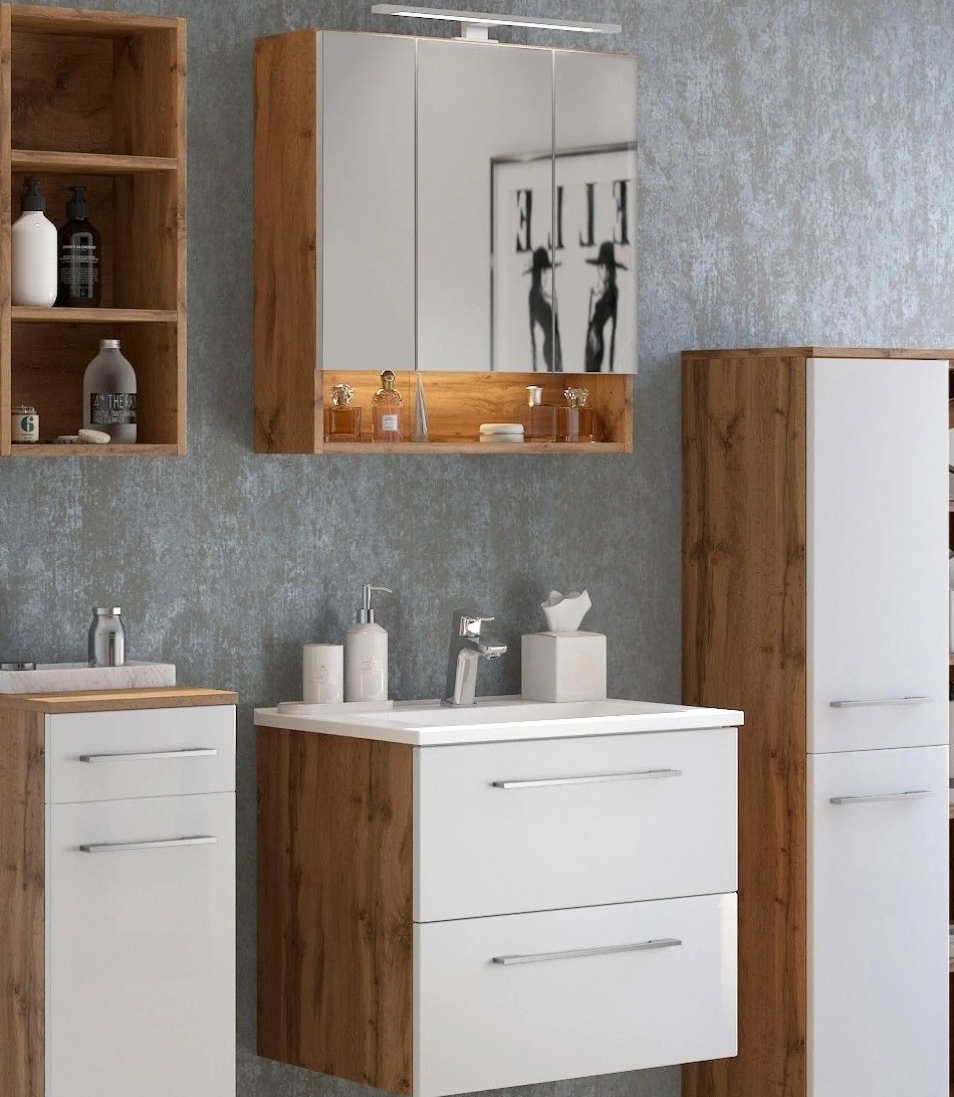Badkombination Sefa 1 mit Waschbecken und Spiegelschrank - Eiche/Weiß