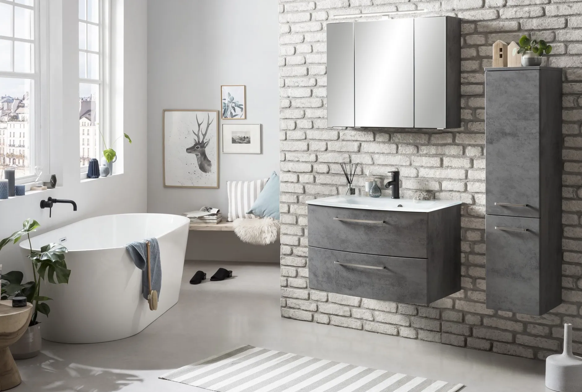 Badkombination Stivan 2-teilig mit weißem Waschbecken - Beton