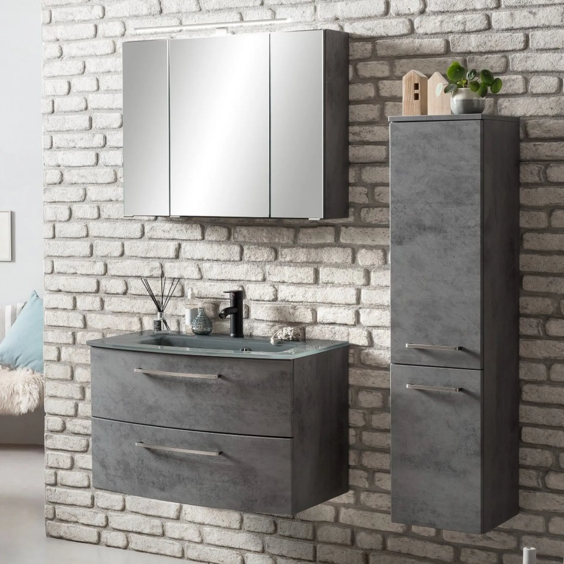 Badkombination Stivan 3-teilig mit grauem Waschbecken - Beton