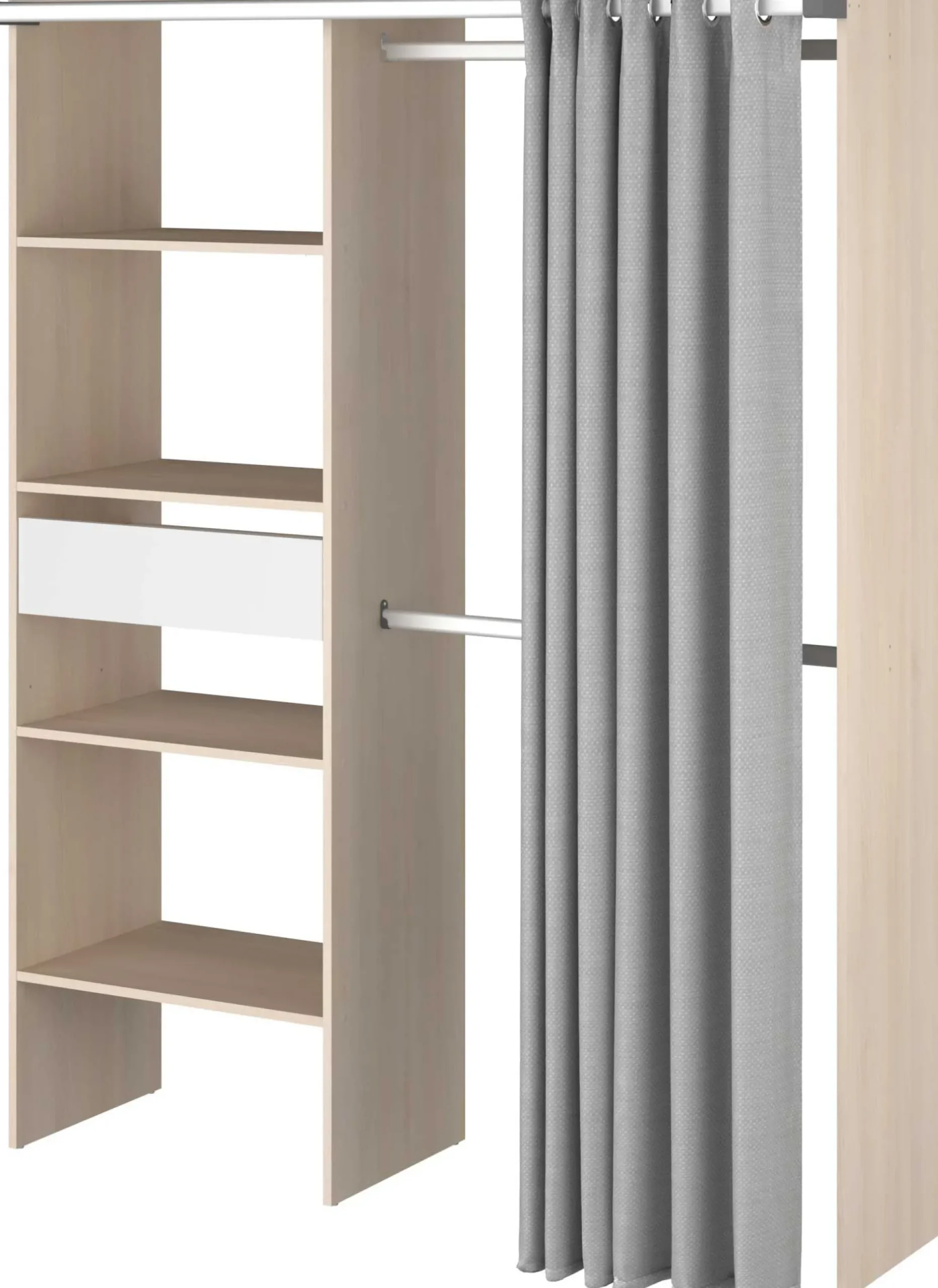 Balu Offener Kleiderschrank - 143x48x182cm - mit Vorhang - Akazie/Grau