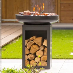 Barbecue Pallas mit Holzlager und gusseiserner Plancha - schwarz
