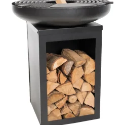 Barbecue Pallas mit Holzlager und gusseiserner Plancha - schwarz