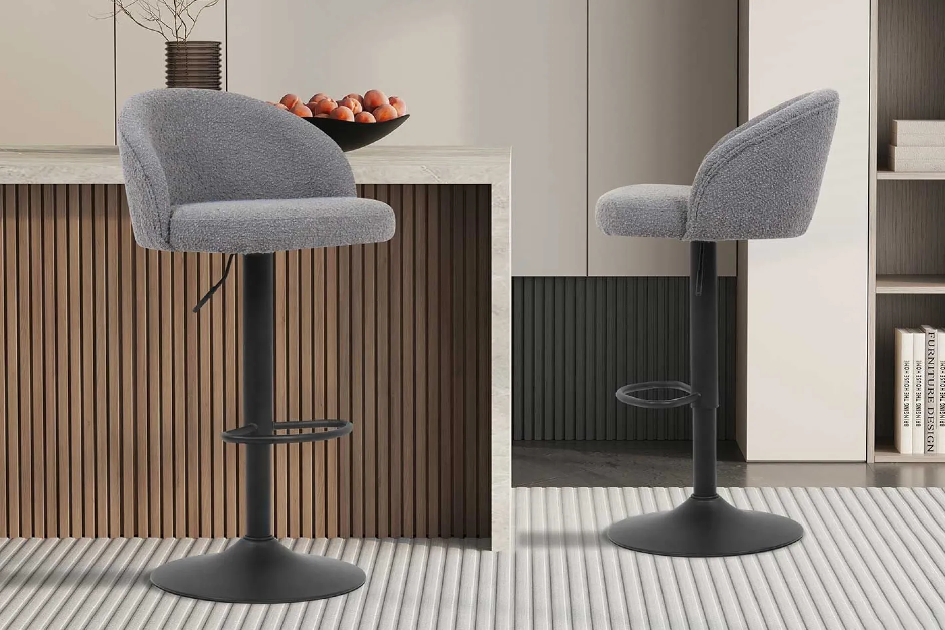 Barhocker Arda Bouclé Hellgrau | Metallbeine, Polsterung Bouclé