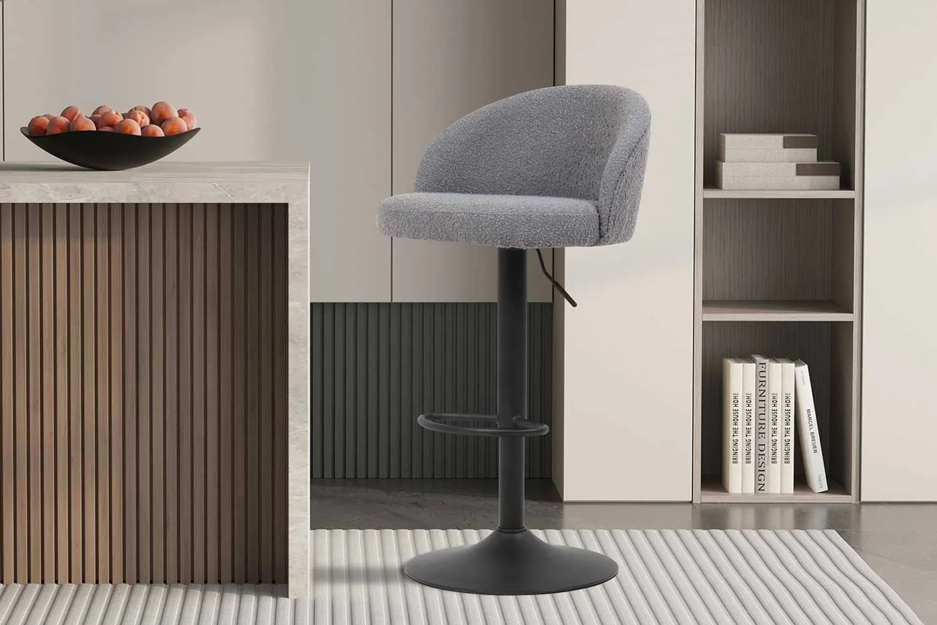 Barhocker Arda Bouclé Hellgrau | Metallbeine, Polsterung Bouclé