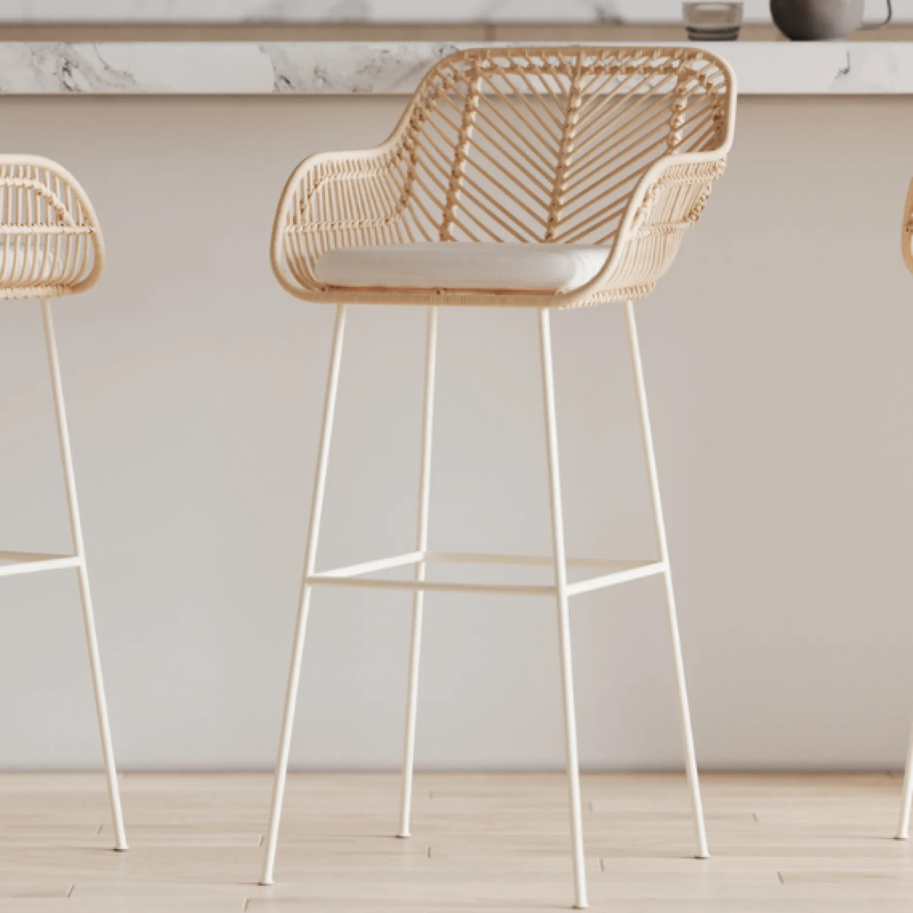 Barhocker Bali - 51x47x92,5cm - mit Sitzkissen - Rattan/Weiß