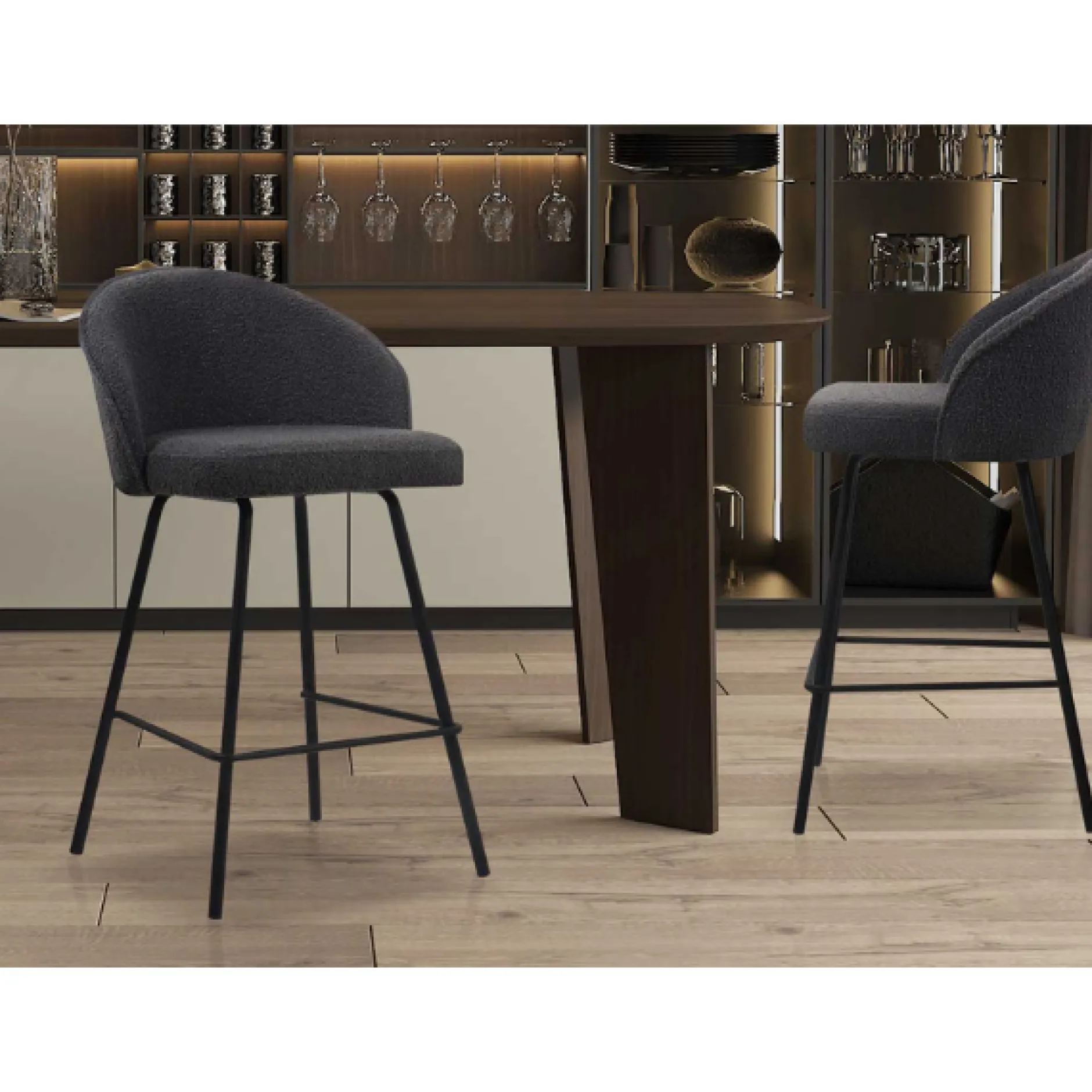 Barhocker Bouclé Grau June | Metallbeine | H87 x B52 x T51 cm