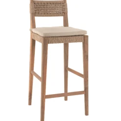 Barhocker Minoli Gescova - Teakholz & Weidengeflecht - 46x53x110cm - mit Sitzkissen - Braun/Ecru