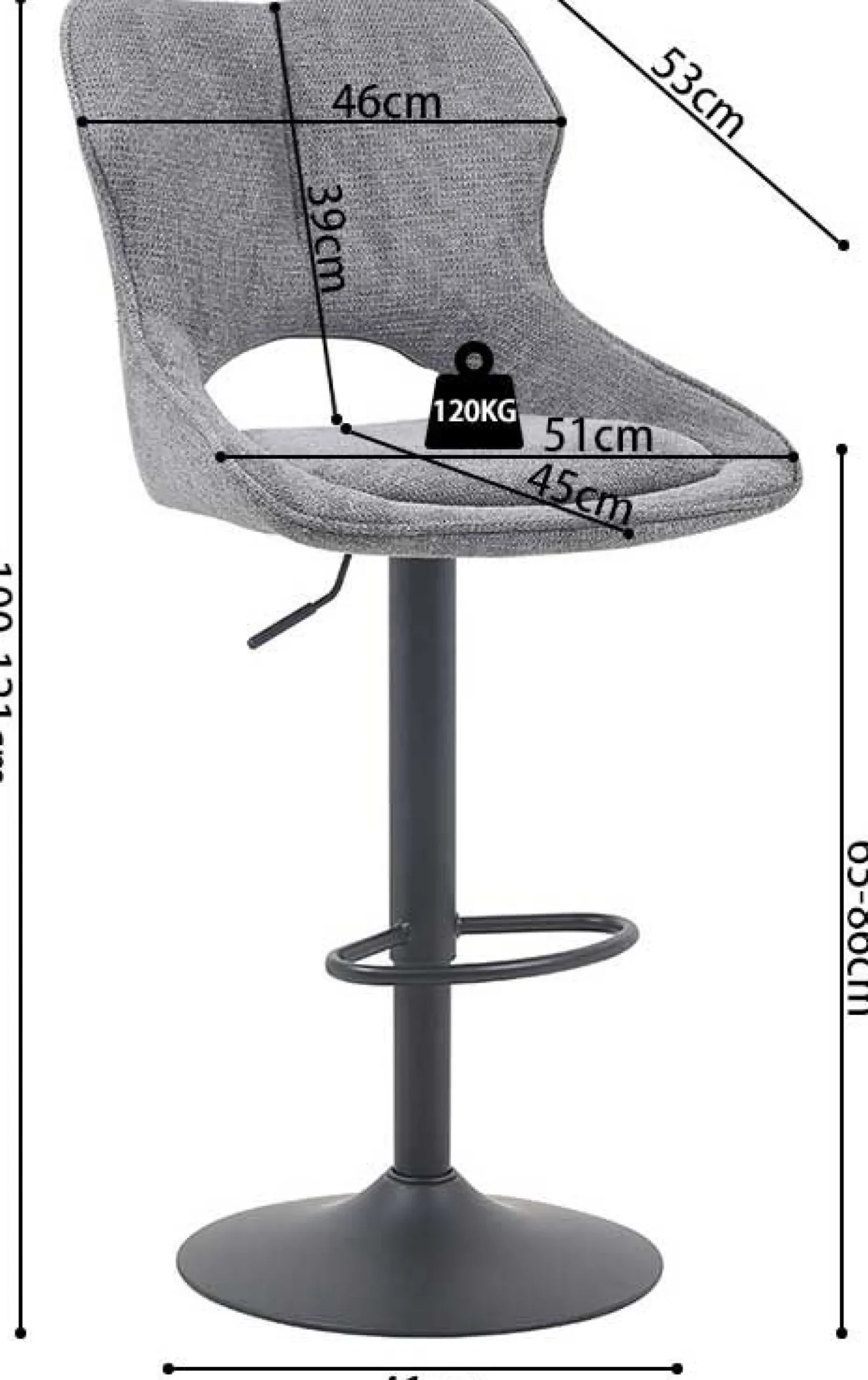 Barhocker Morris - 51x53x100-121cm - verstellbar - dunkelgrauer Stoff