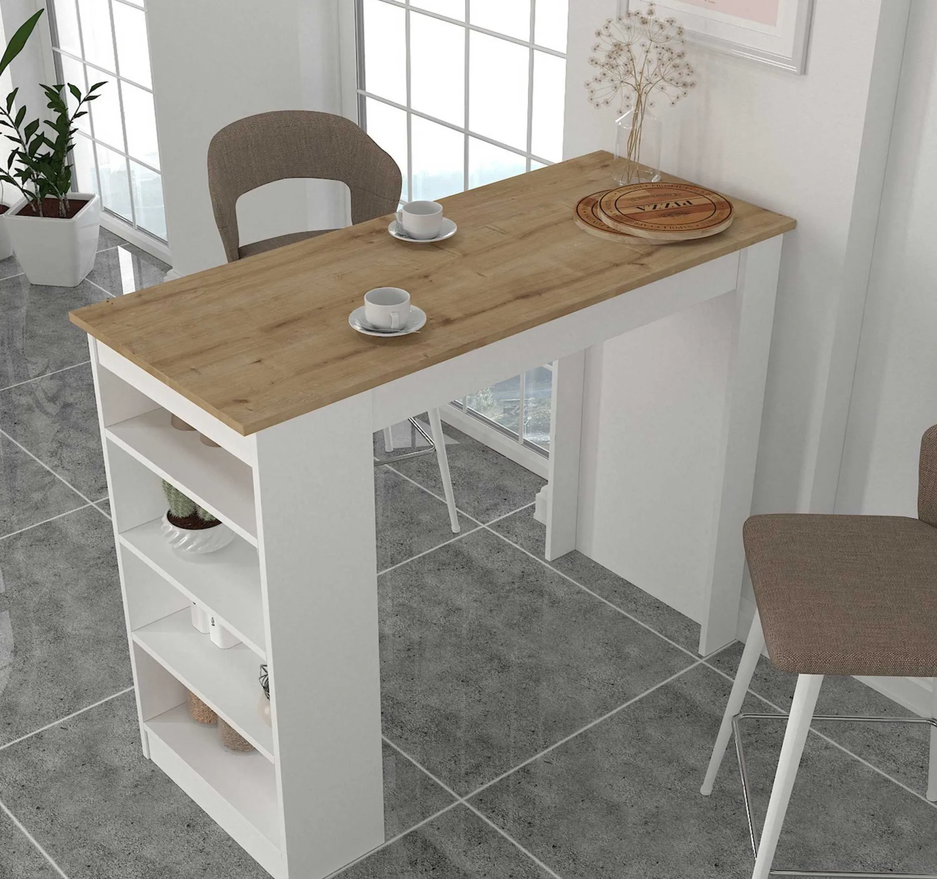 Bartisch Monaco - 120x52x102cm - mit Ablage - weiß/Eiche Dekor