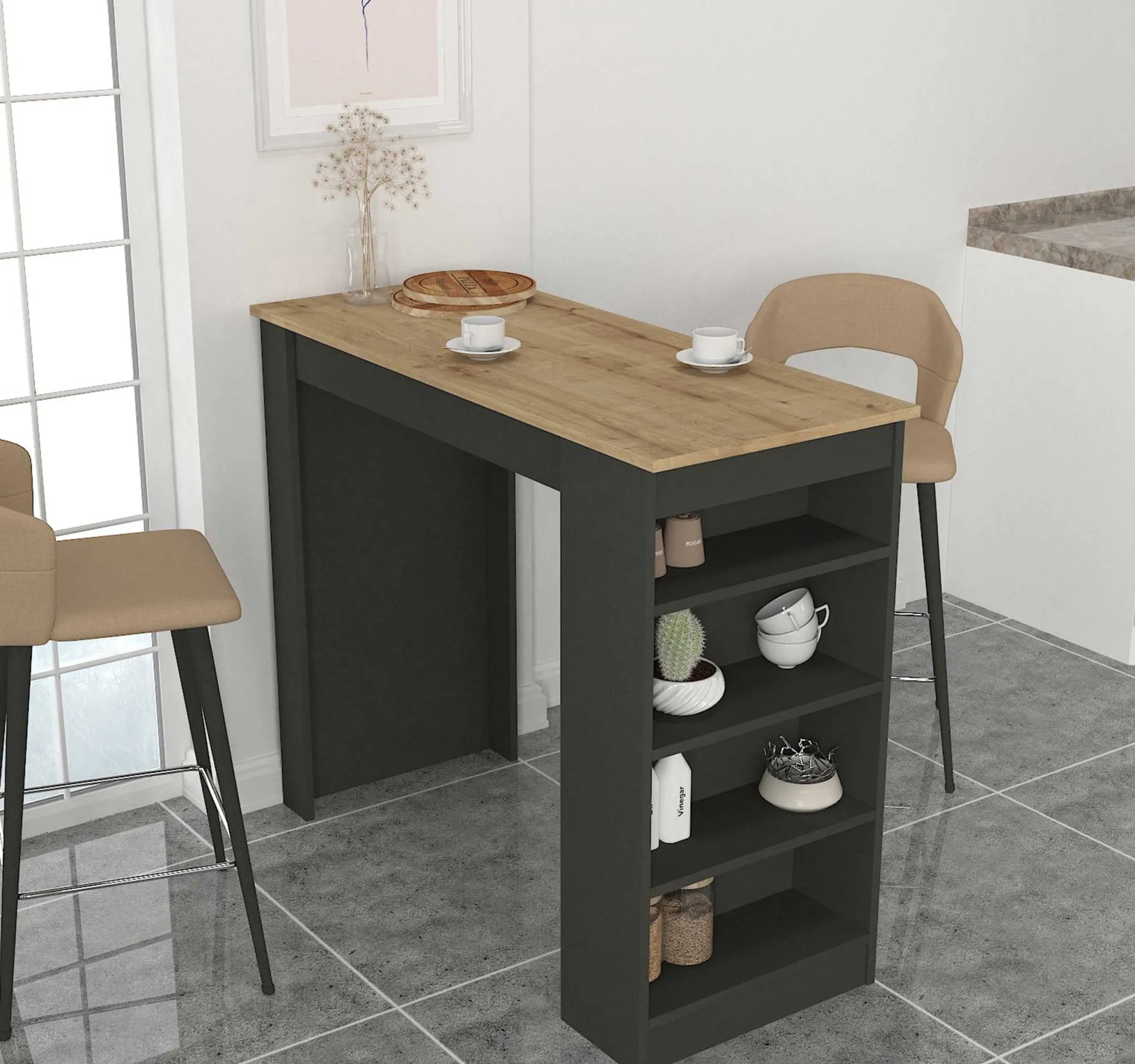 Bartisch Monaco - 120x52x102cm - mit Stauraum - Anthrazit/Eiche Dekor