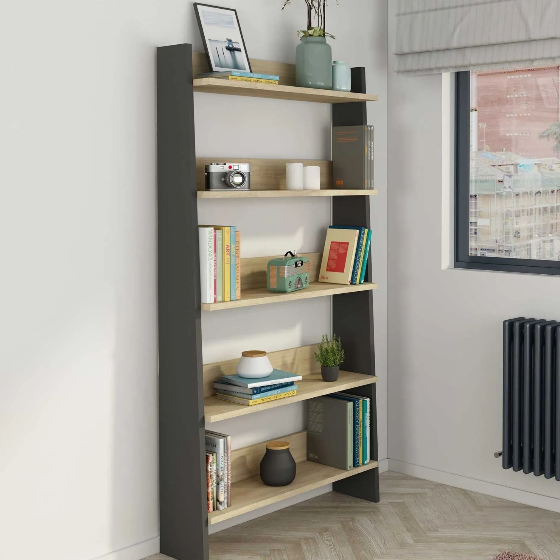 Bücherregal Quinty 95cm 5 Fachböden - grau/ Eiche Dekor