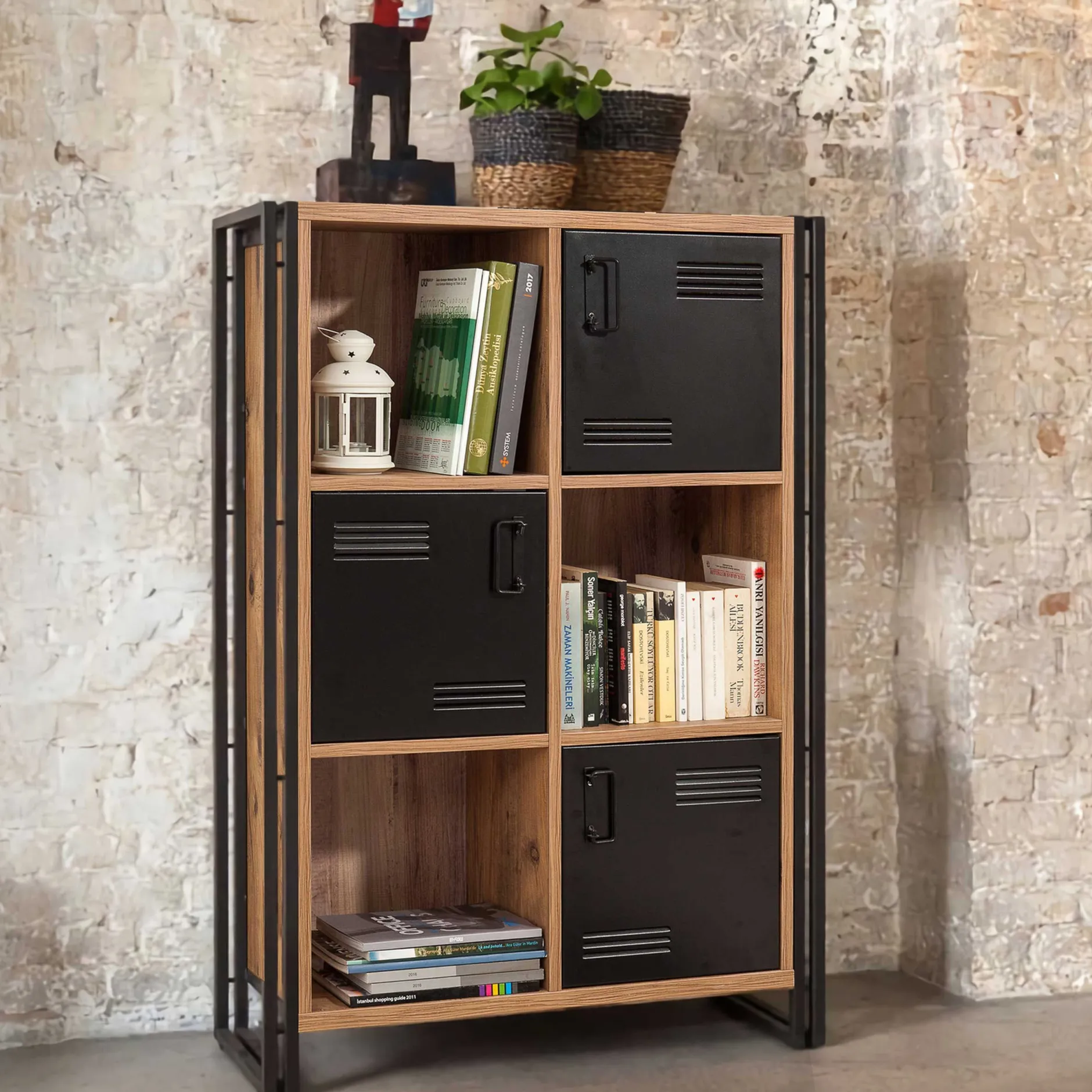 Bücherregal Sapphire - 89x35x127cm - 3 Türen - schwarzes Metall/Eiche Dekor