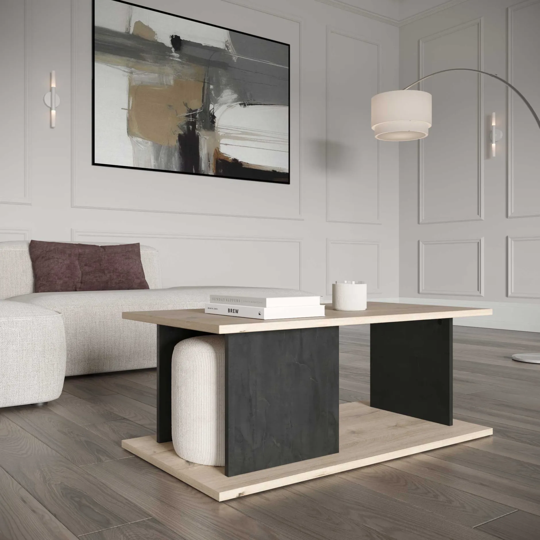 Beatrice Couchtisch - 91x50x36cm - Eiche Dekor/Betonoptik