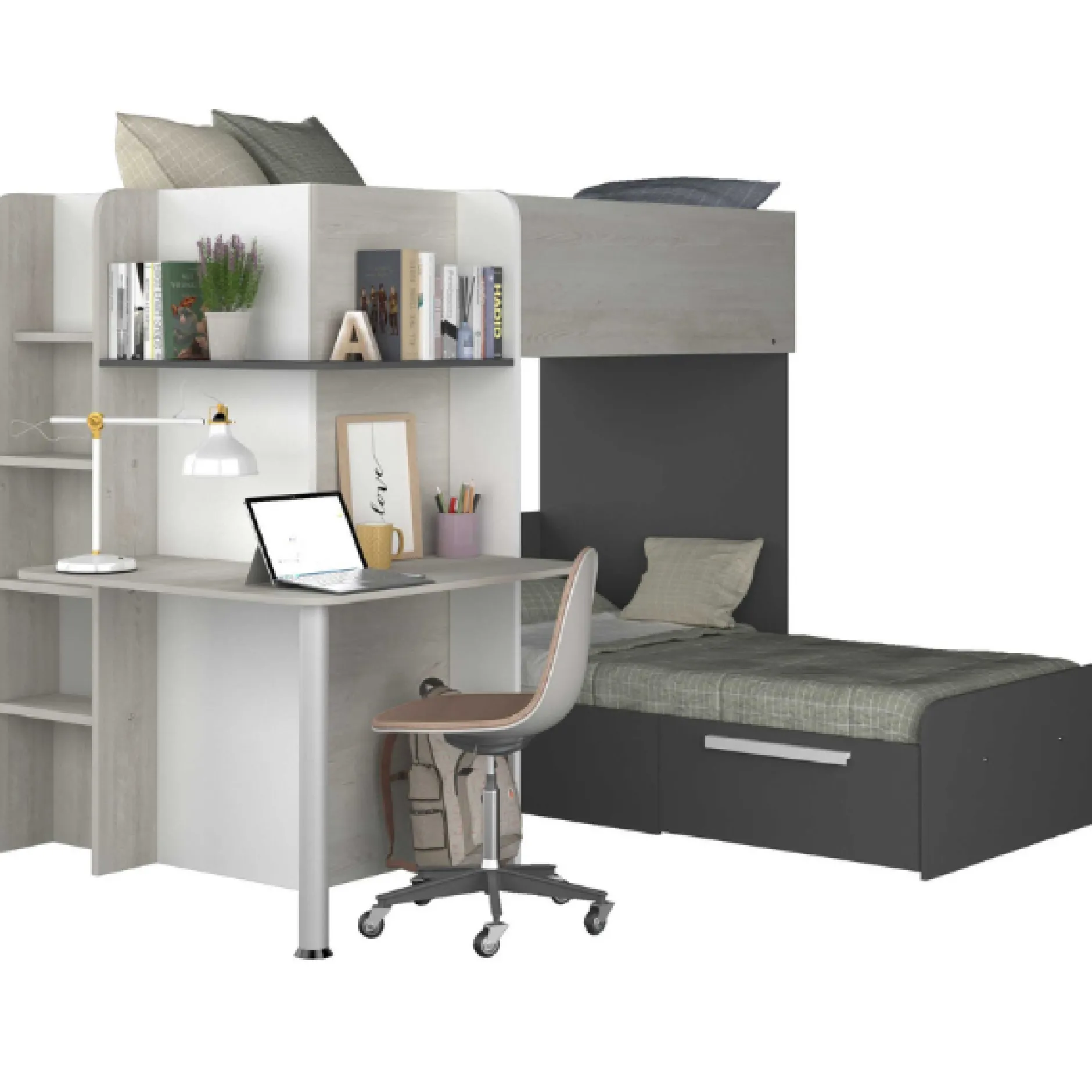 Beau Etagenbett 90x190 cm mit Schreibtisch-schwarz/pine/weiß