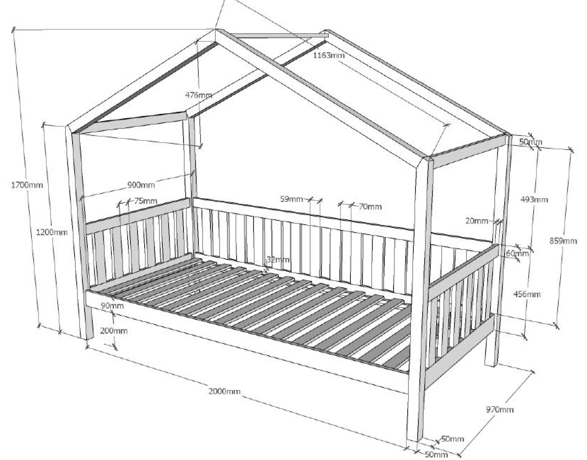 Bedhouse Dallas - 90x200 mit Bettkasten - Eiche massiv