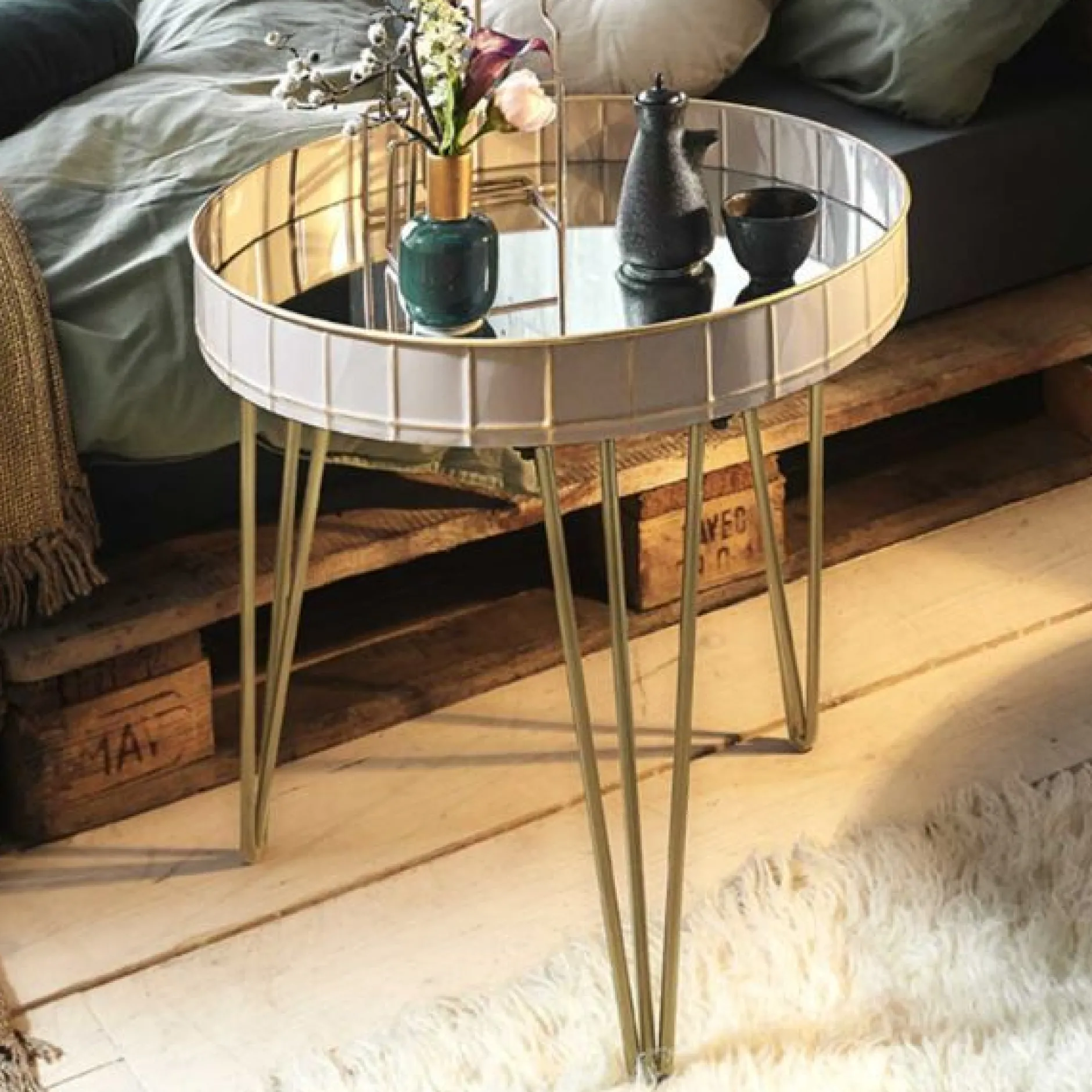 Beistelltisch | Ø51 cm x 50 cm | Gold-weiß/Glas