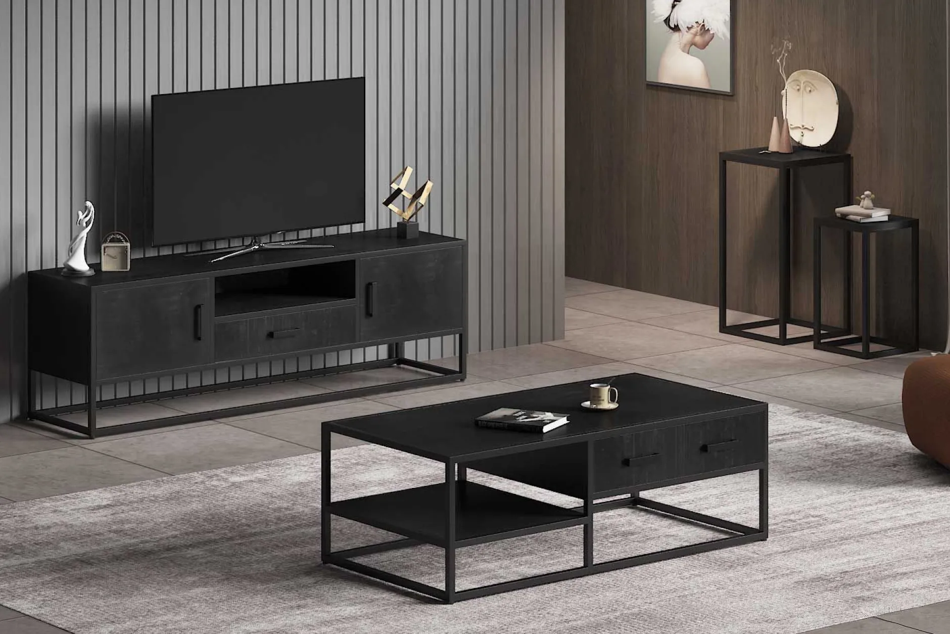 Beistelltische Madeira 2er-Set - Metall und schwarzes Mangoholz