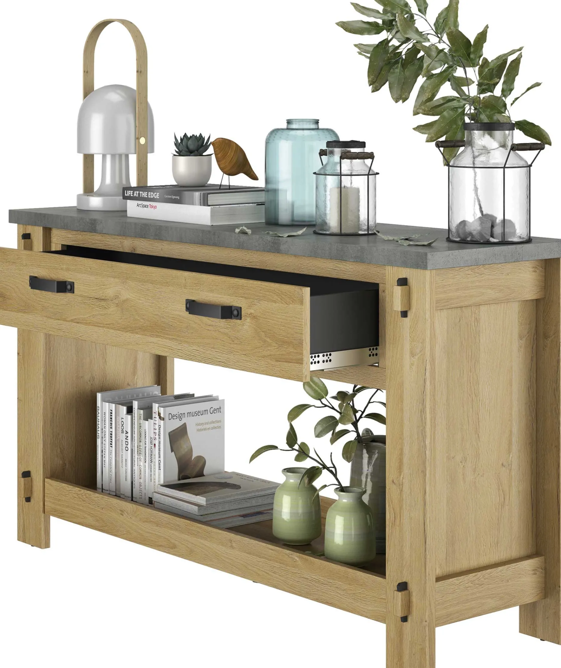Beistelltisch Louane 156cm, 1 Schublade - Eiche/Beton