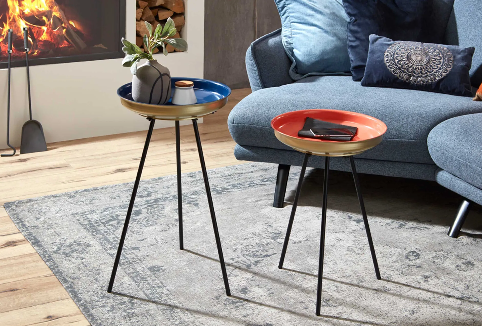 Beistelltisch-Set | Großer und kleiner Beistelltisch | Blau und Rot