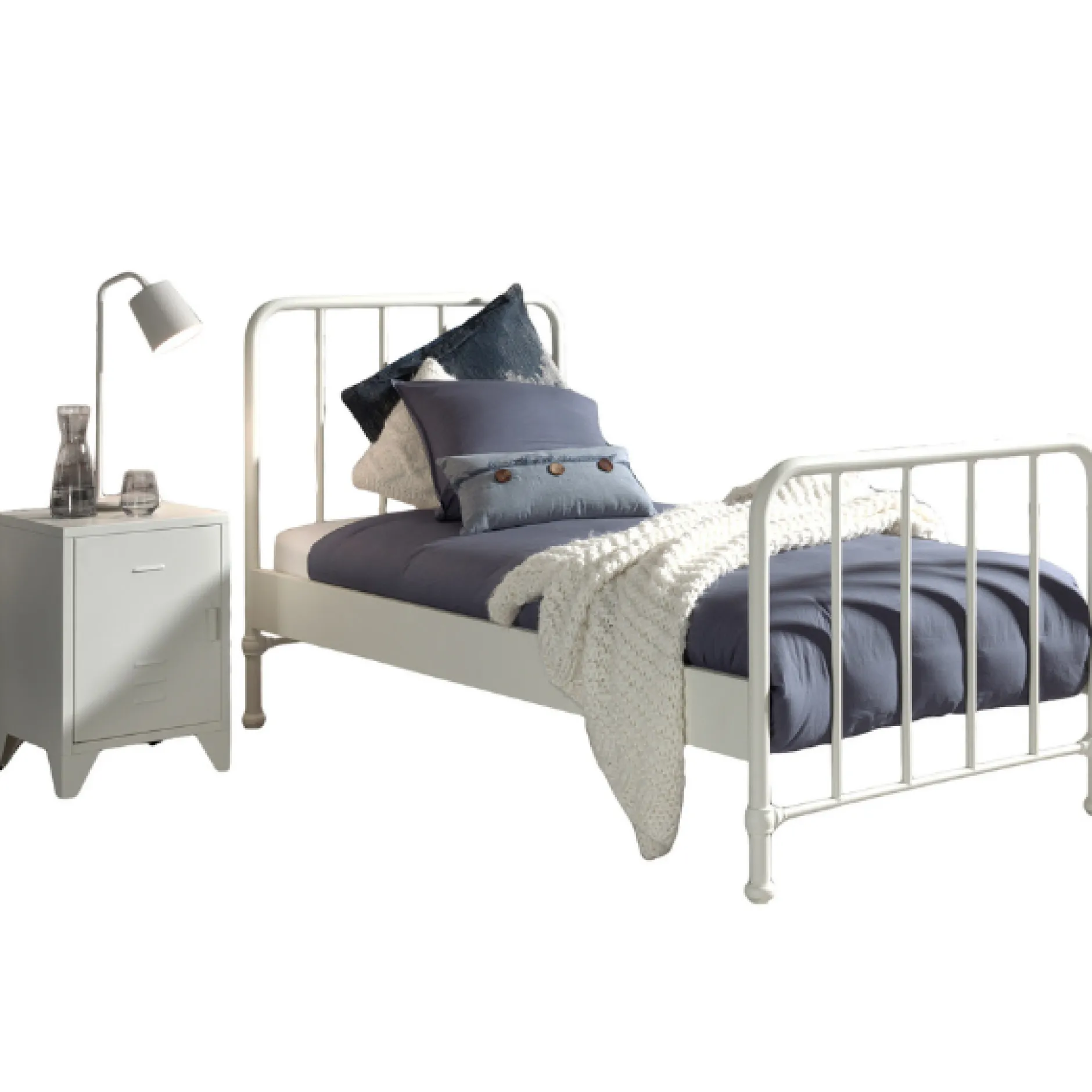 Bett Bronxx Metall 90x200 (inkl. Lattenrost) mit Nachttisch - mattweiß