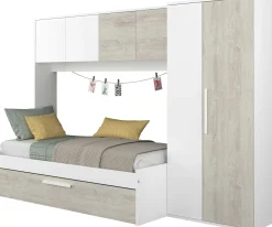 Bett Lev 90x200 cm mit Schrank und Bettschublade - Kiefer/weiß