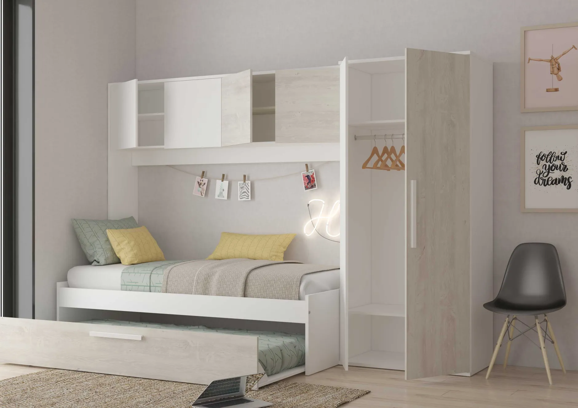 Bett Lev 90x200 cm mit Schrank und Bettschublade - Kiefer/weiß